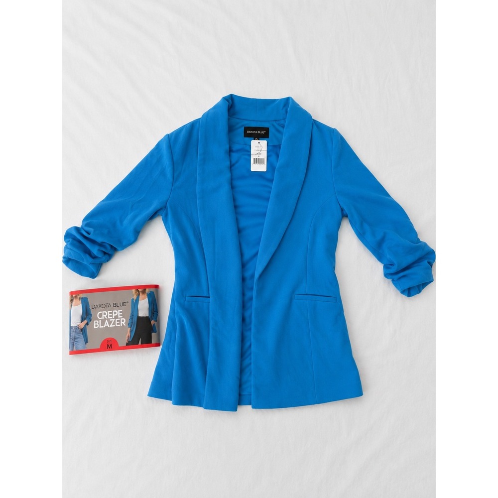 Dakota Blue Women Cobalt Blue Crepe Blazer Shawl Collar Ruched 3/4 Sleeve Size M